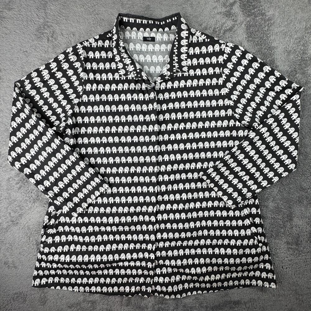 Tulip Clothing Womens Button Up Long Sleeve Shirt Lagenlook Elephant Print Black